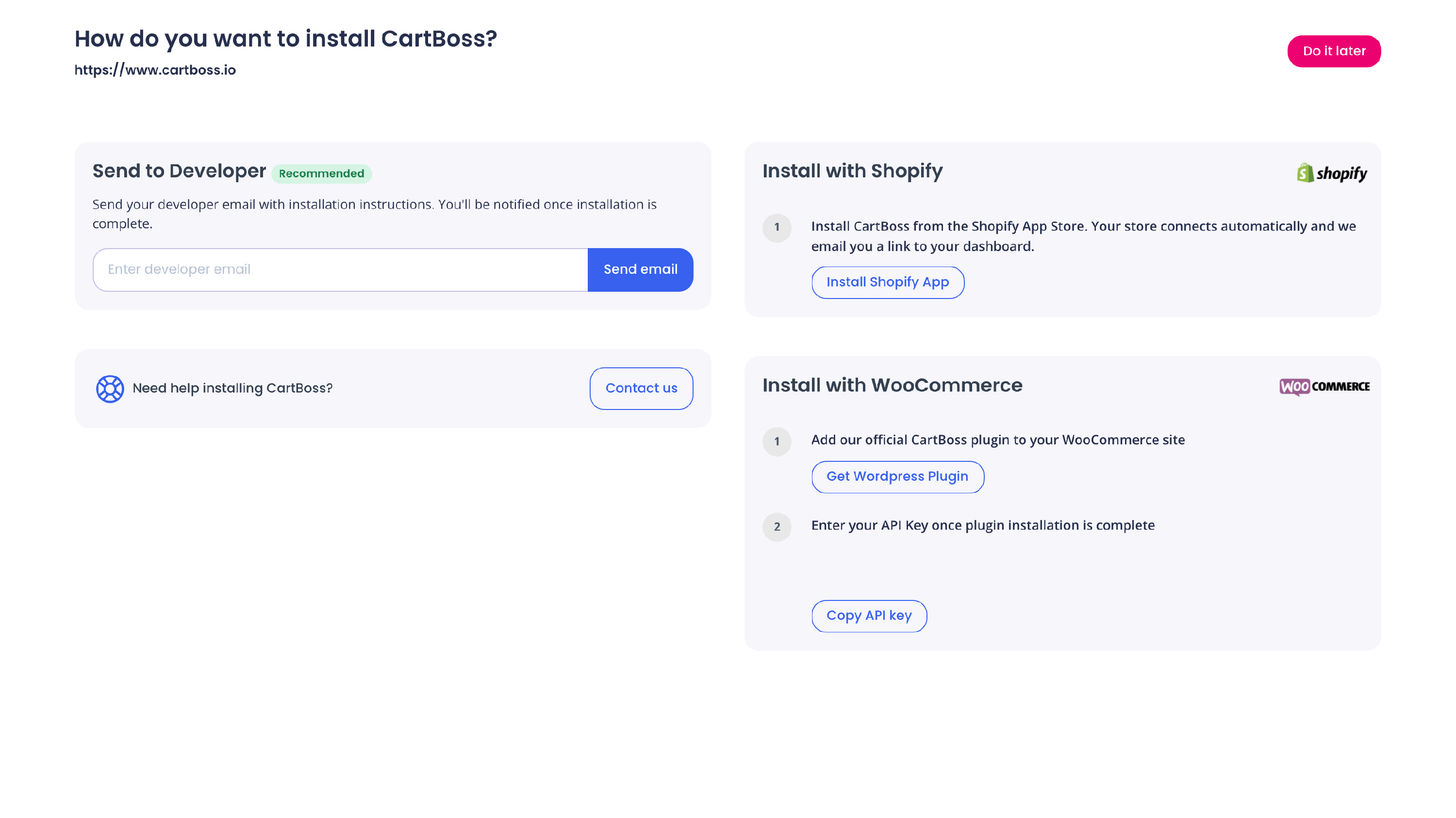 The page How do you want to install CartBoss? with the two options Install with Shopify and Install with WooCommerce