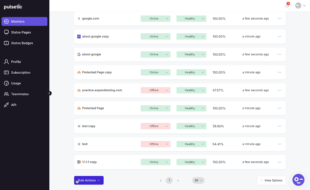 Bulk Actions Options