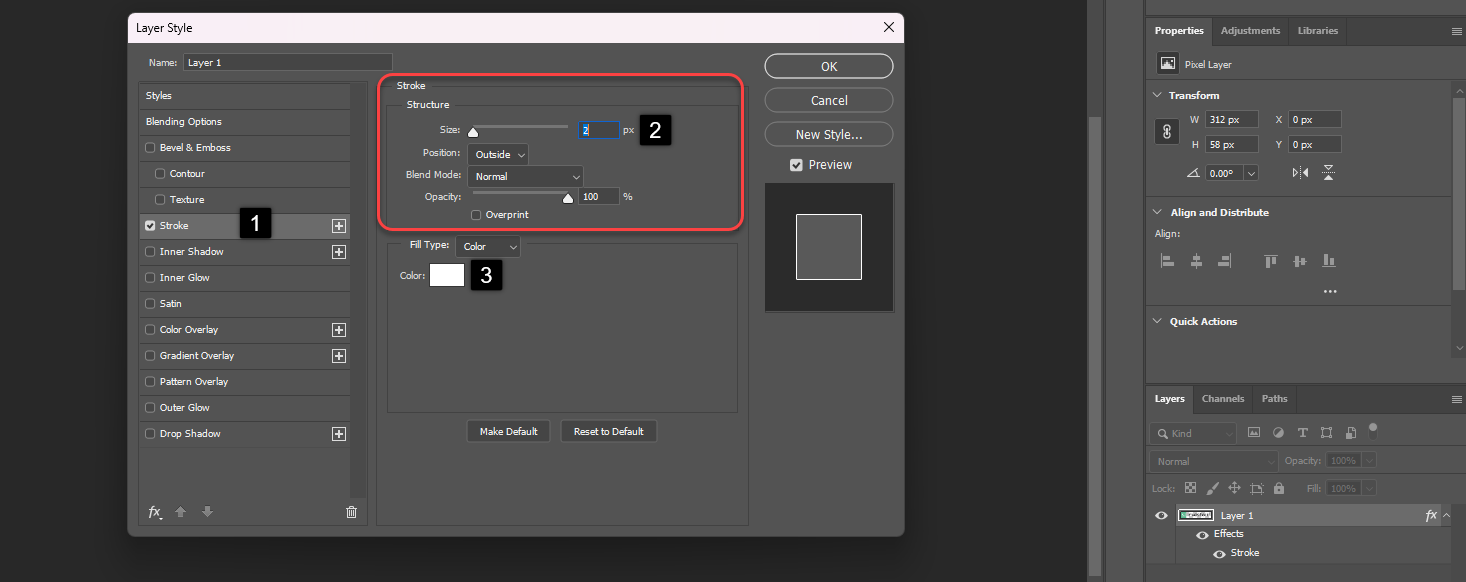 Photoshop Layer Style panel showing how to add a 1–2 px white Stroke outline around a logo