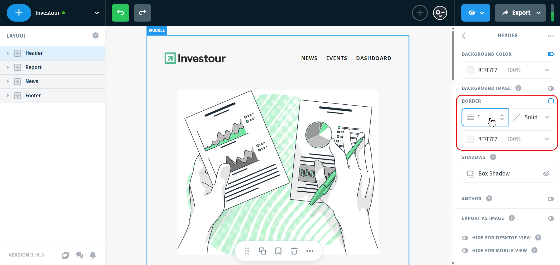 Postcards editor showing the Border controls with options to set border width, style, and color in the right-side panel.