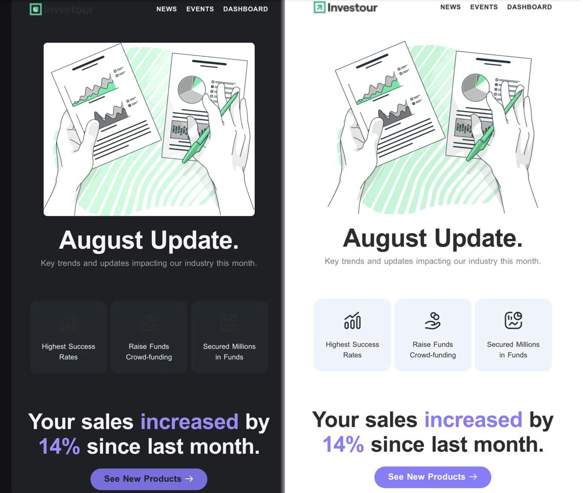 Example of Gmail dark mode vs light mode rendering on iOS.