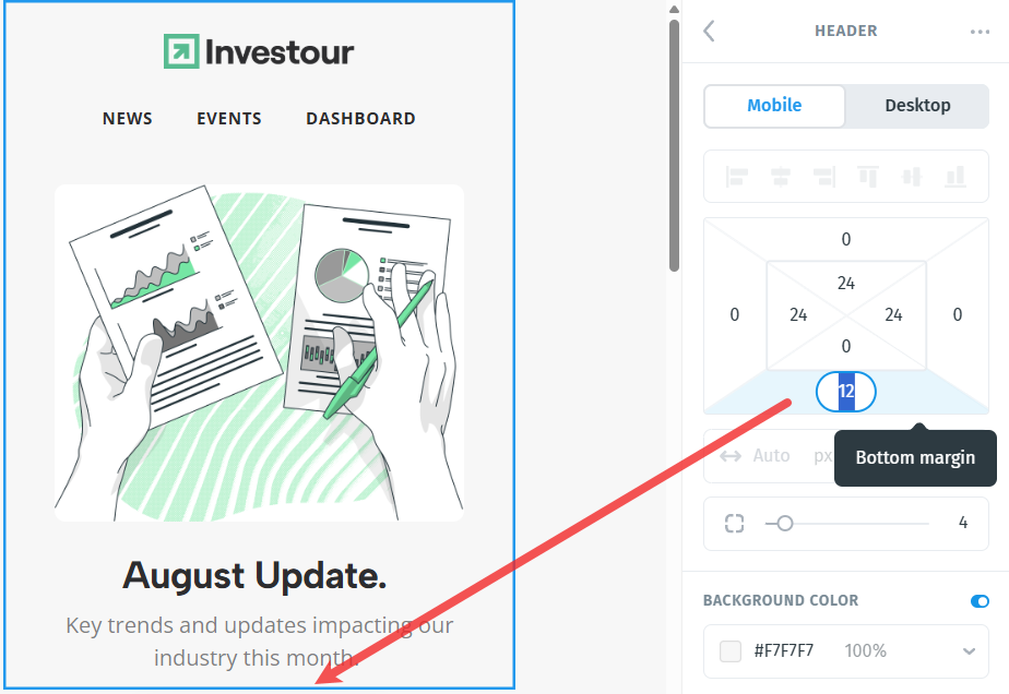 Postcards editor showing the spacing controls for a header module