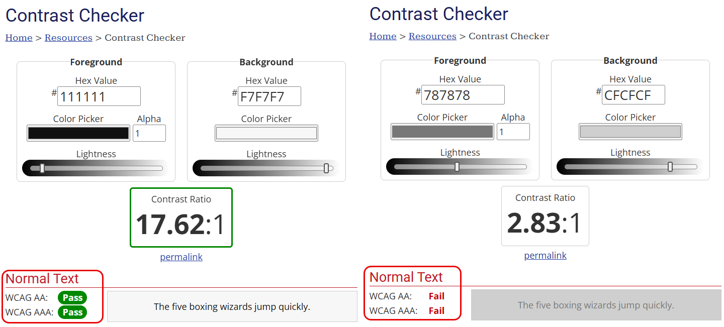 Side-by-side WCAG contrast checker results comparing high-contrast text with low-contrast text