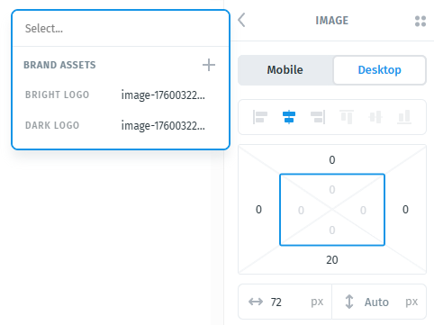 Postcards image settings showing the Brand Assets dropdown with bright and dark logo options available for selection