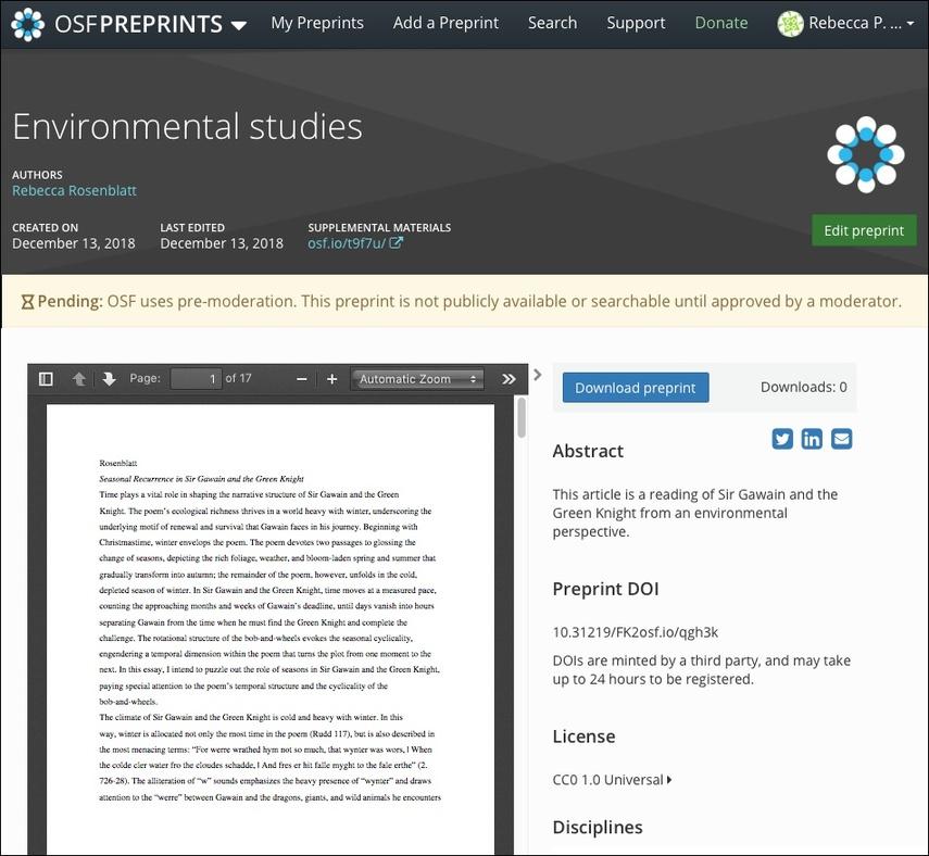 Screenshot of a Preprint Pending Pre moderation