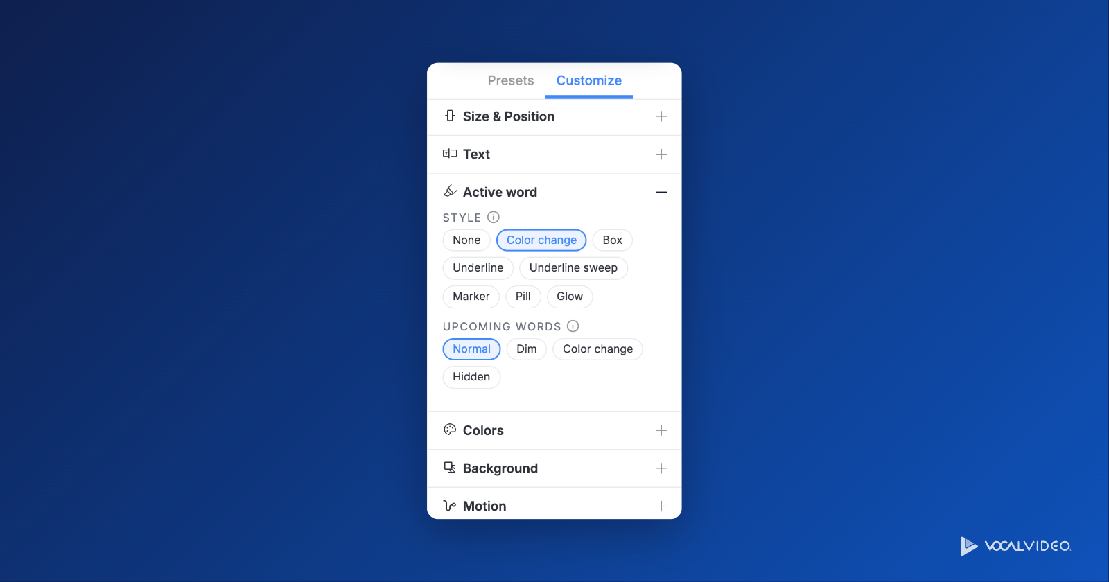 The Customize tab of the Captions panel, with the Active word section open to show highlight styles and options for upcoming words.