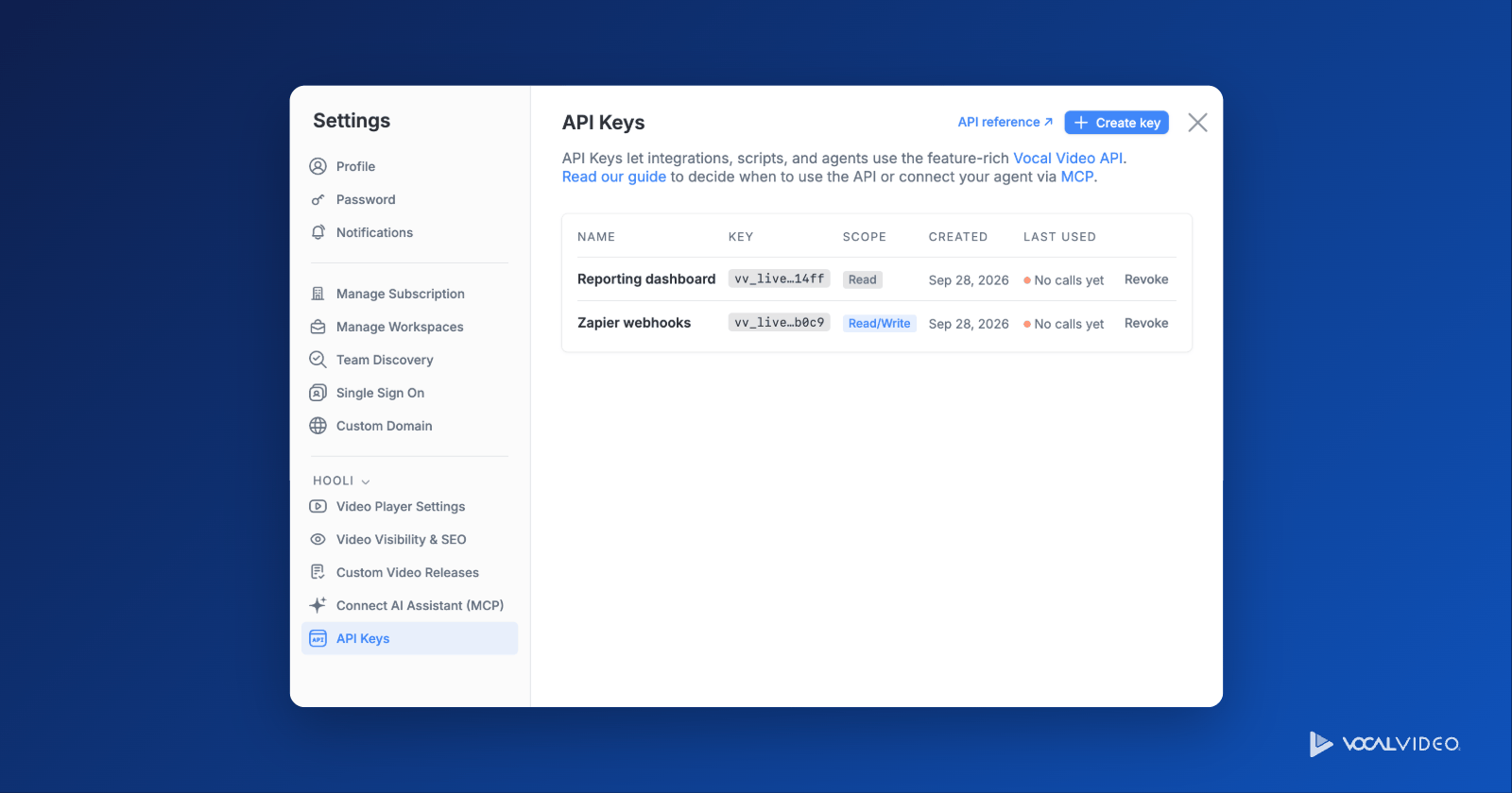 The API Keys page in Vocal Video settings, listing two keys with their names and scopes, a Create key button, and a link to the API reference.