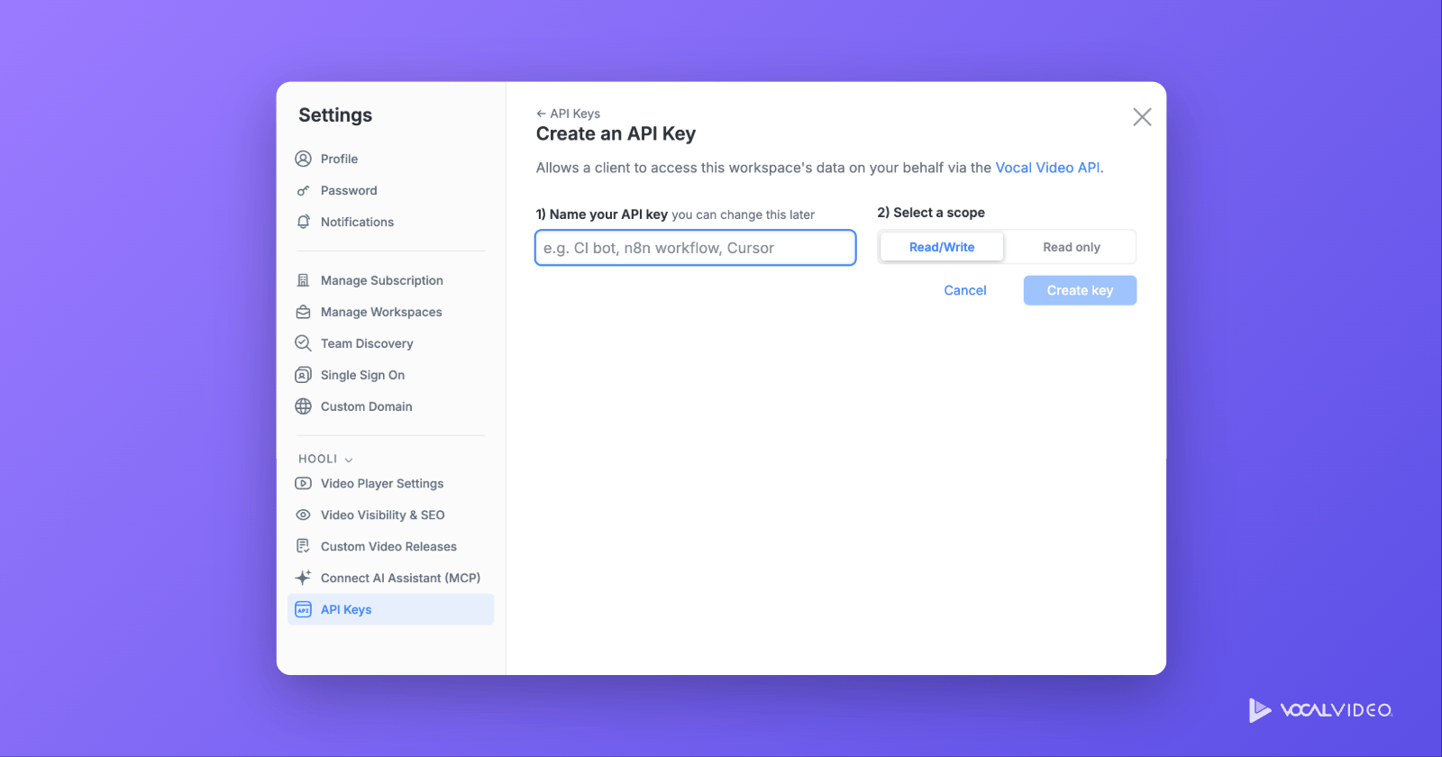 The Create an API Key dialog in Vocal Video, with a name field and a choice of Read/Write or Read only scope.