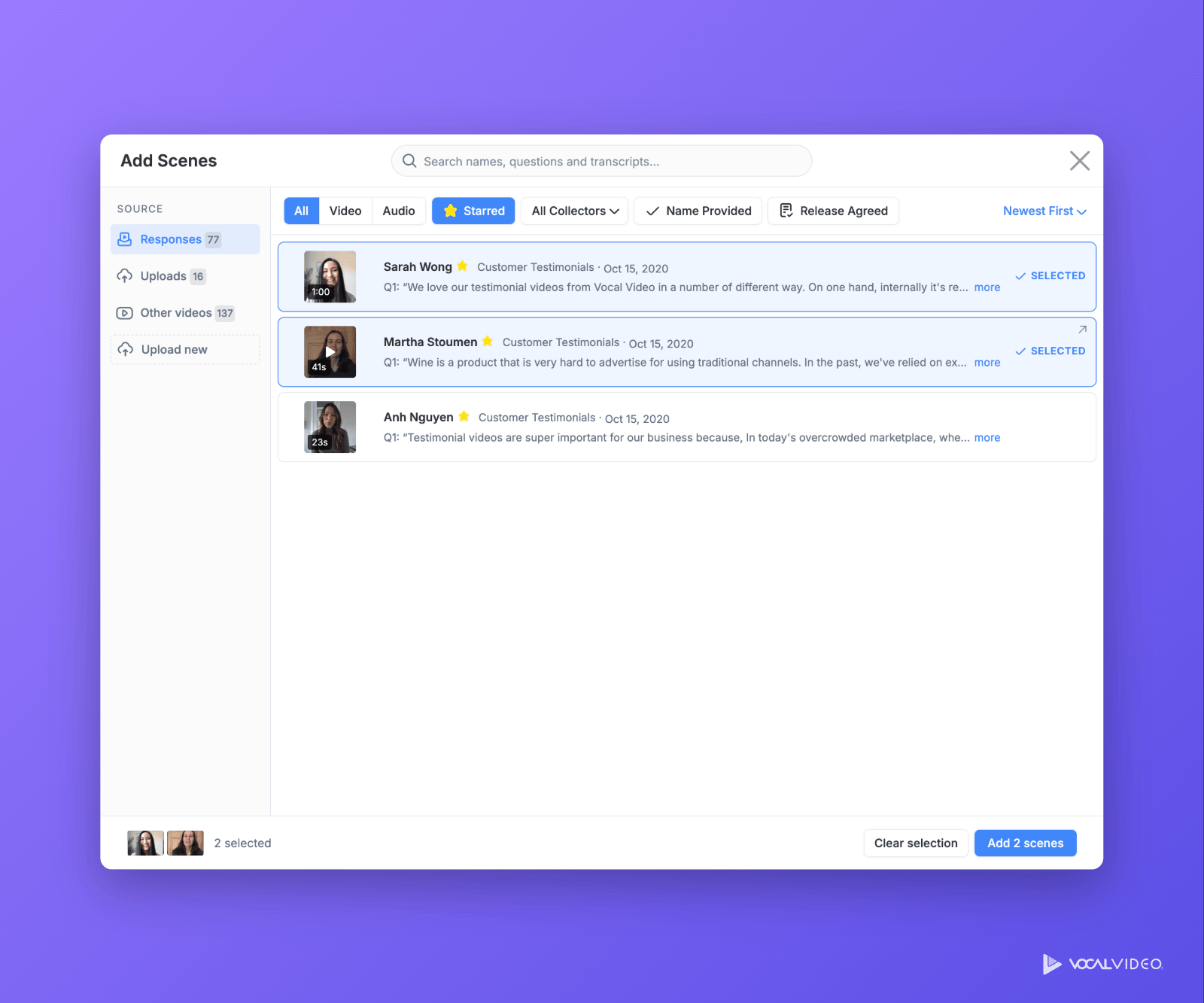 The Add Scenes picker with Responses as the source, filtered to starred responses, two responses selected and the Add 2 scenes button at the bottom