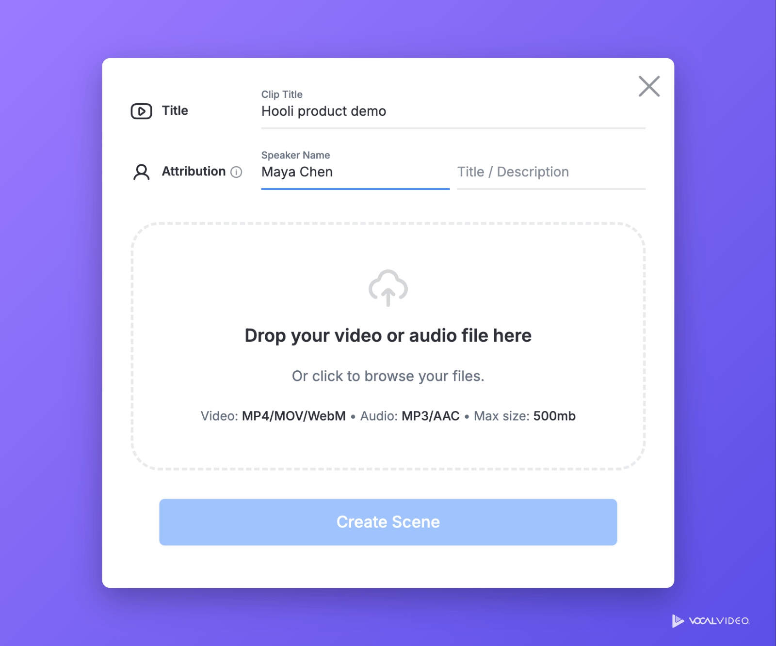 The Upload form in the video editor with Clip Title, Speaker Name and Title / Description fields above a drop zone for a video or audio file, and the Create Scene button