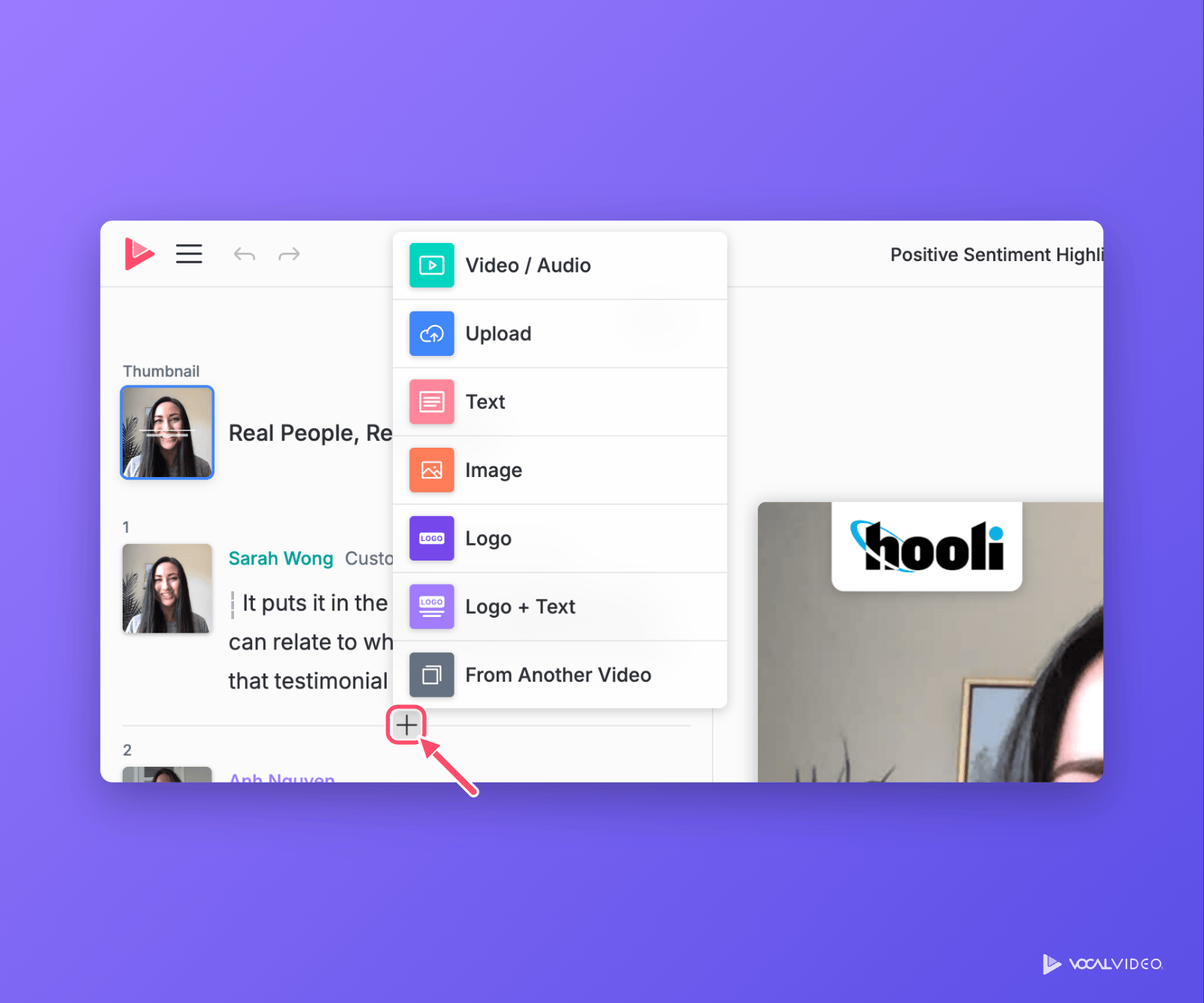 The Add Scene menu open from the + between two scenes in the Vocal Video editor, showing Video / Audio, Upload, Text, Image, Logo, Logo + Text and From Another Video. An arrow points to the + between two scenes that opens it.