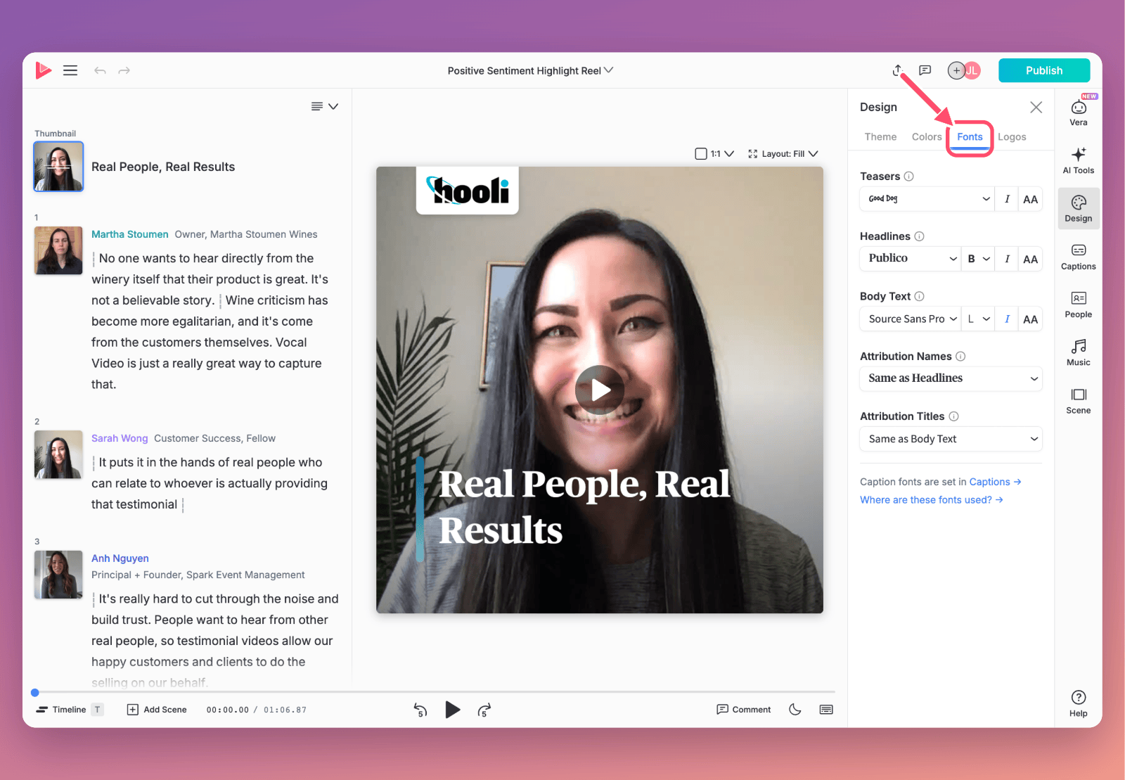 The video editor with the Design panel open on the Fonts tab, which is marked, showing Teasers, Headlines, Body Text, Attribution Names and Attribution Titles