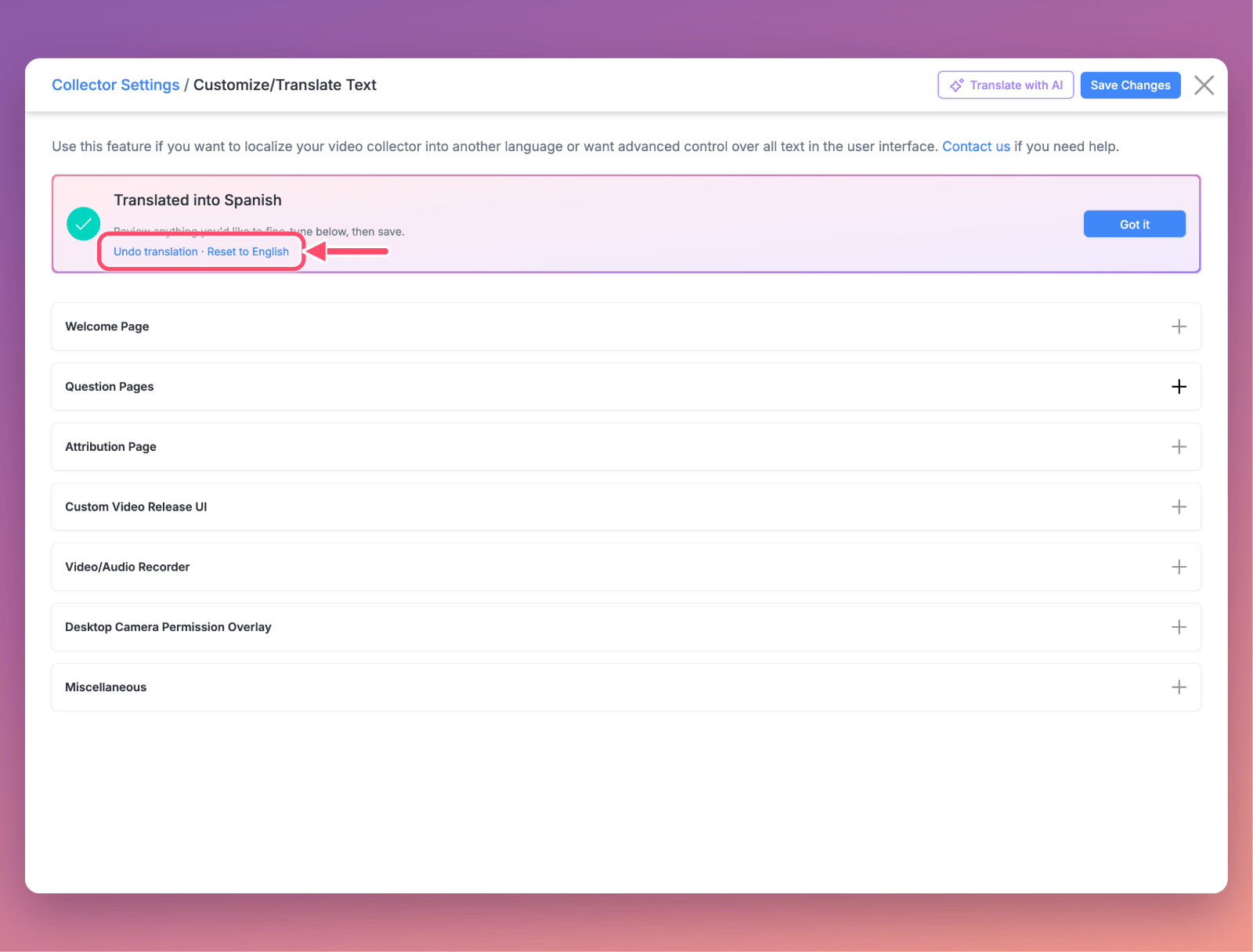 The Customize/Translate Text page after an AI translation, with the Translated into Spanish banner and its Undo translation and Reset to English links marked