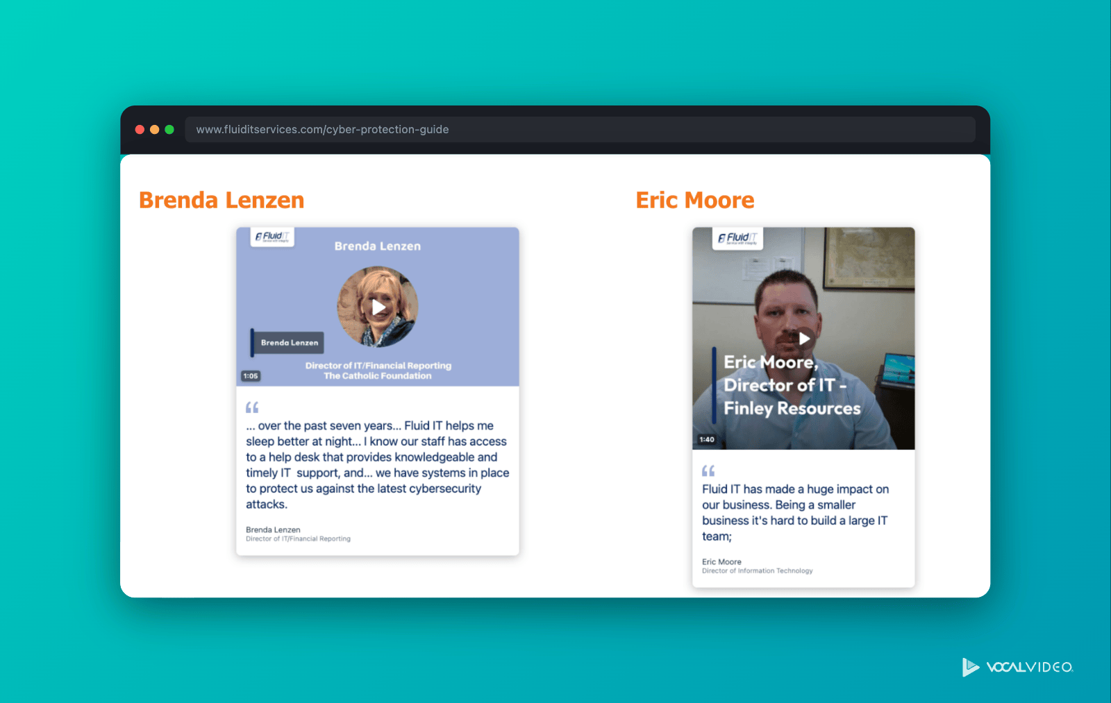 Two video cards on a Fluid IT article page, each with a customer's video above their featured quote and name