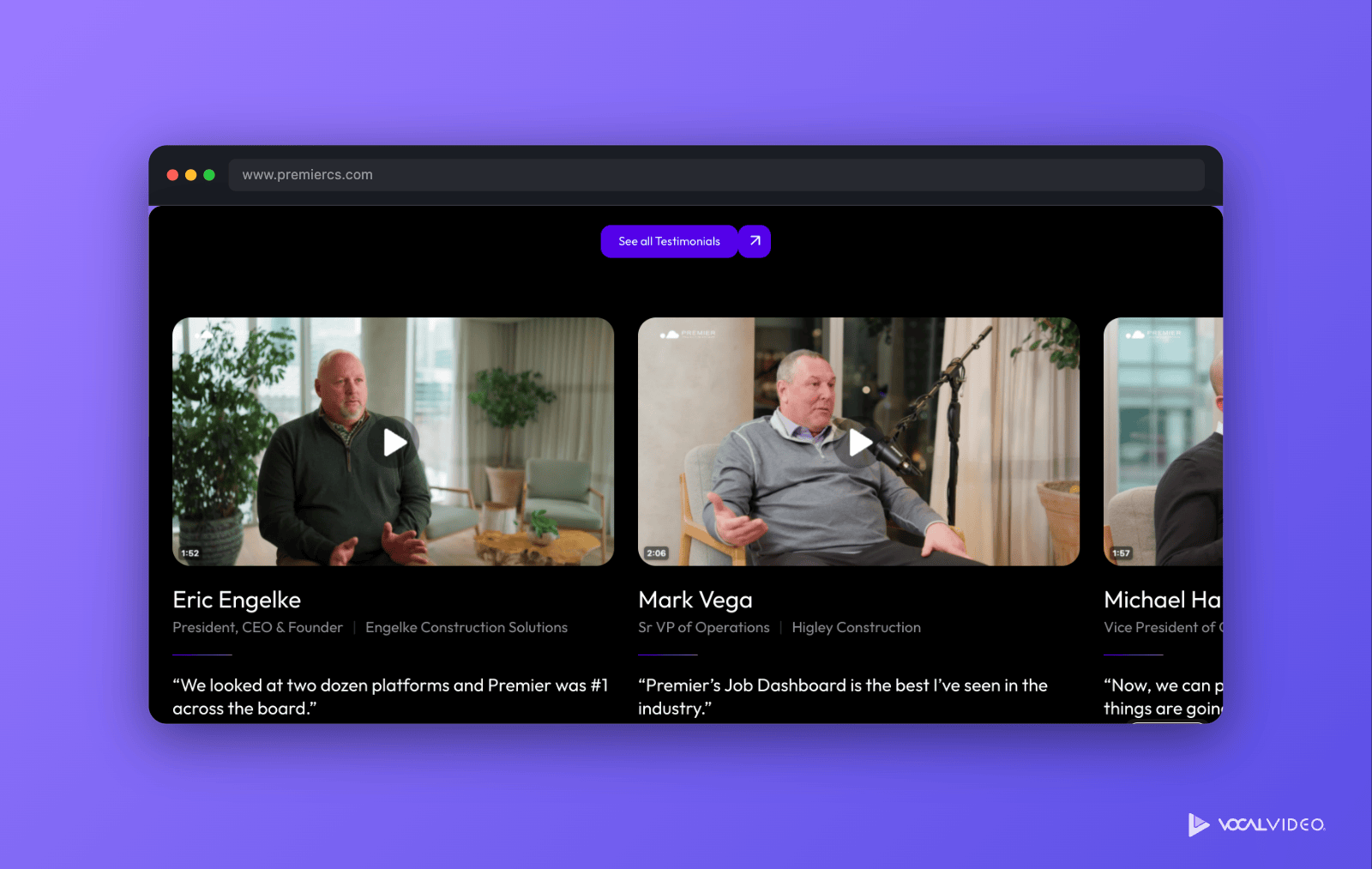 Premier Construction Software's homepage, with embedded customer videos in a slider, each with the customer's name, title and quote below