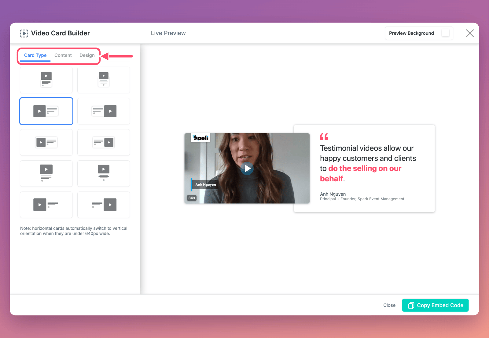 The Video Card Builder, with the Card Type, Content and Design tabs marked, a horizontal card type selected, and a live preview of a video beside its featured quote