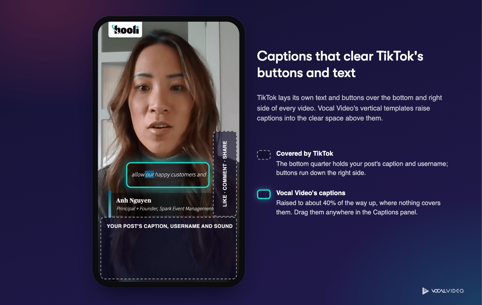 A vertical testimonial on a phone, with the bottom quarter and right side shaded where TikTok shows its caption, username, sound and buttons, and Vocal Video's caption outlined in the clear space about 40% of the way up