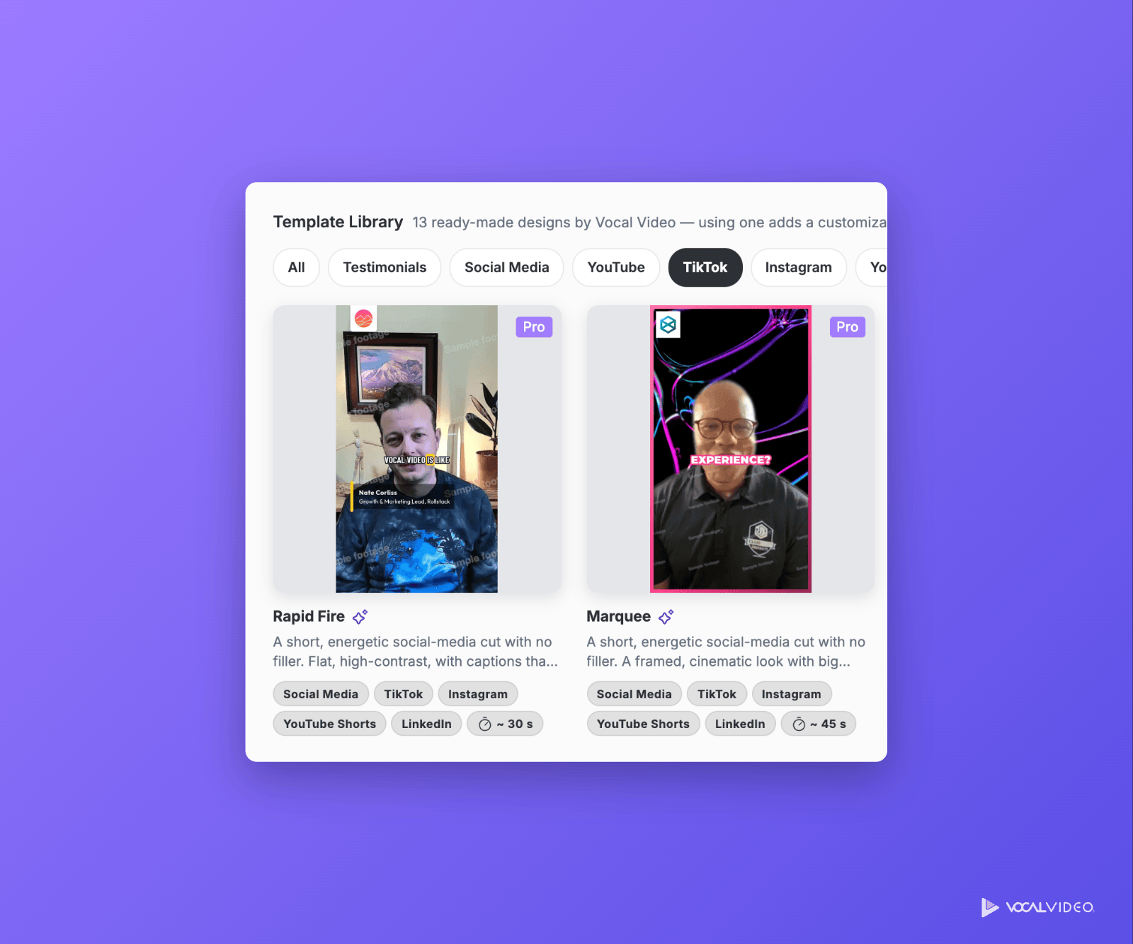 The Template Library filtered to TikTok, showing the vertical Rapid Fire and Marquee templates with their TikTok, Instagram and YouTube Shorts tags