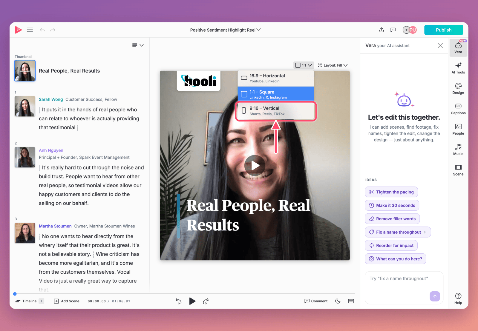 The editor with the format menu open above a square video, and an arrow pointing to 9:16 – Vertical, labeled Shorts, Reels, TikTok