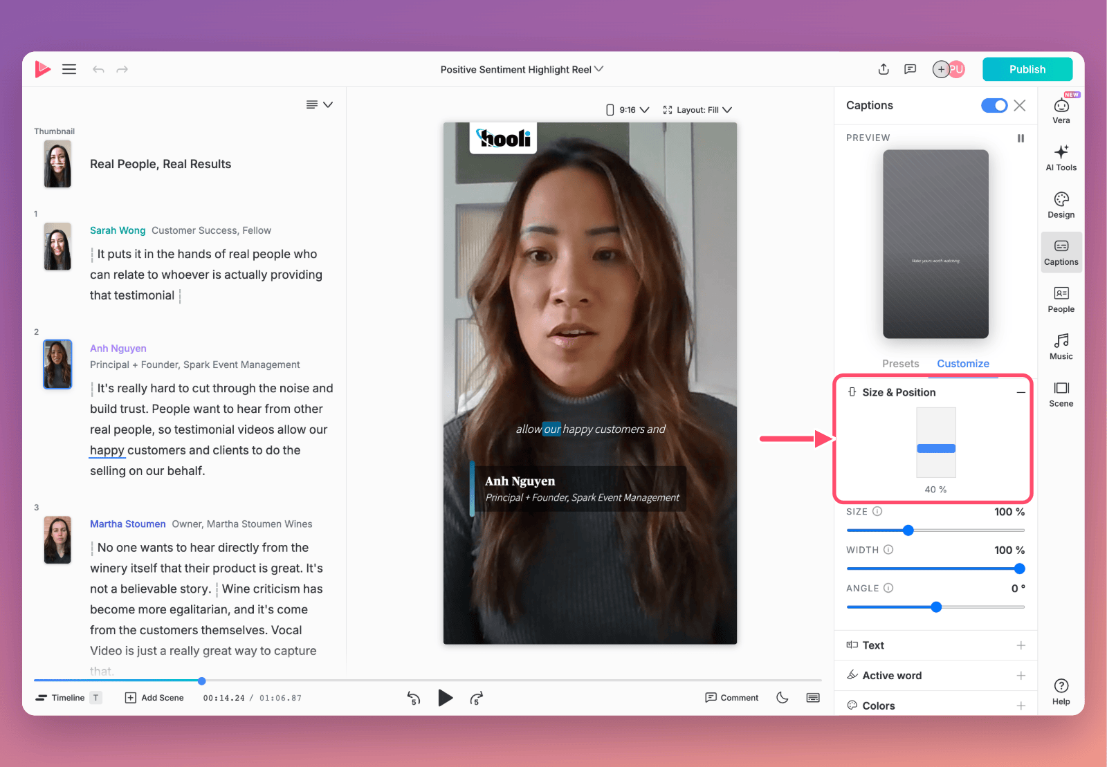 A vertical video in the editor with its caption raised above the name tag, and the Captions panel's Size & Position control set to 40% marked