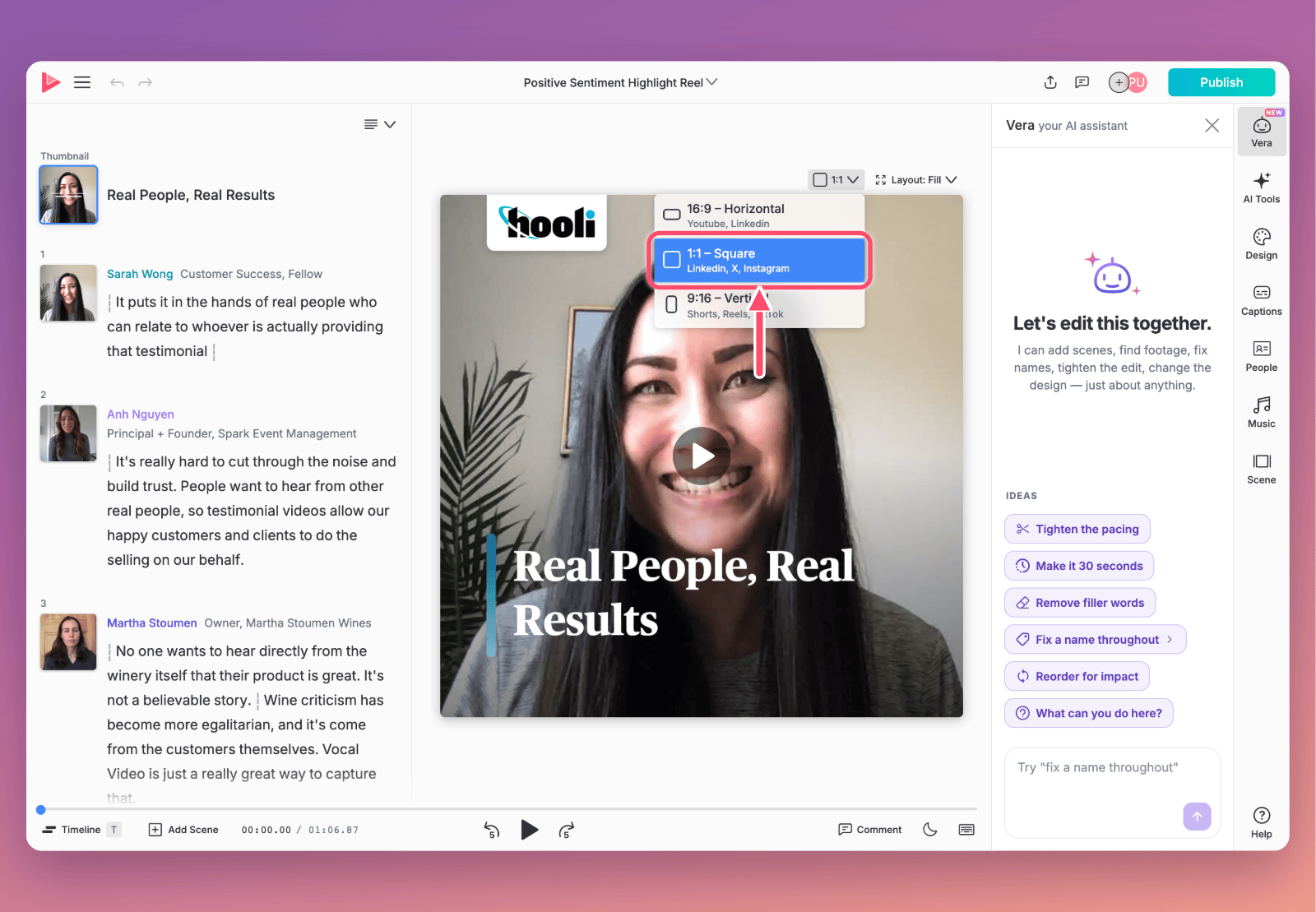 The editor with the format menu open above a video, and an arrow pointing to 1:1 – Square, labeled Linkedin, X, Instagram