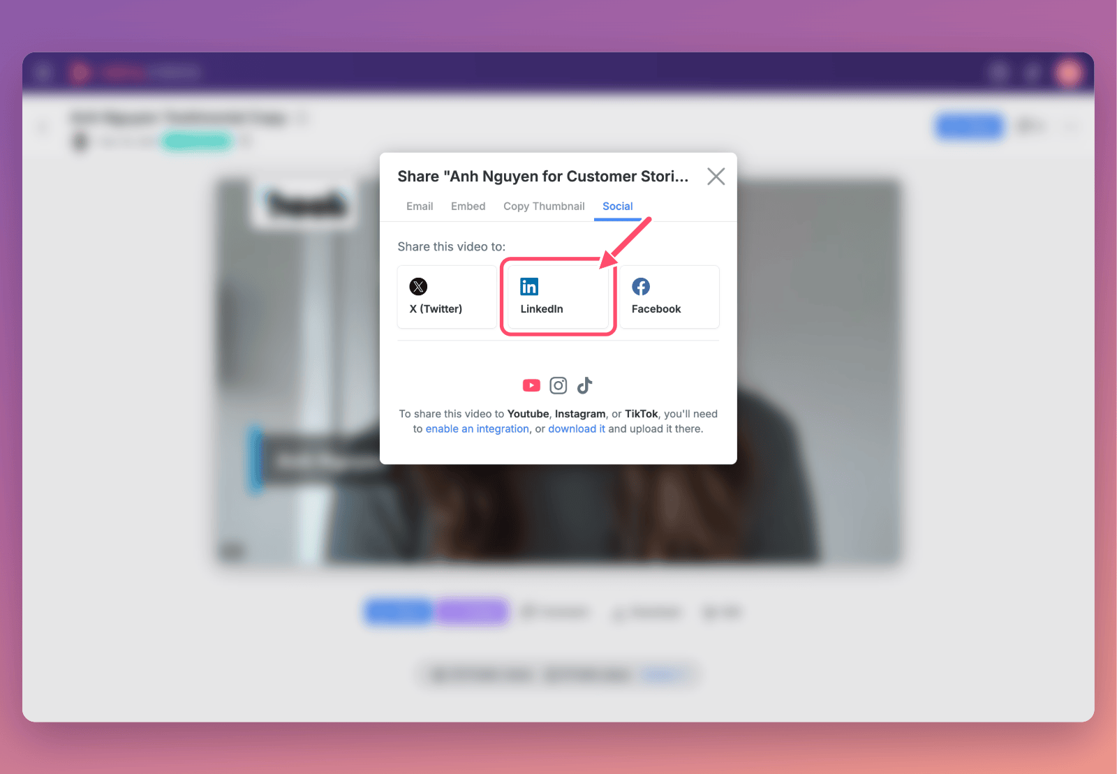 A published video's Share window on the Social tab, with an arrow pointing to the LinkedIn button between X (Twitter) and Facebook