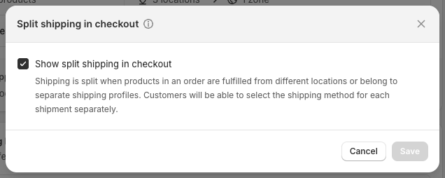 Shopify admin interface showing the split shipping configuration dialog with checkbox enabled and explanation of how products from different locations will be shipped separately