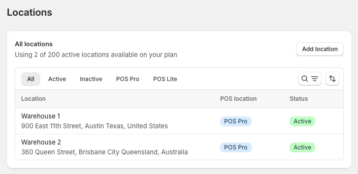 Shopify locations management screen displaying two active warehouse locations - one in Austin, Texas and another in Brisbane, Australia - with POS Pro enabled for both