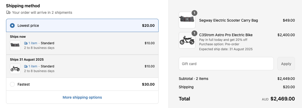 Shopify checkout page demonstrating split shipping functionality with two separate shipments - one shipping immediately and another on August 31, 2025 - for an electric scooter bag and electric bike totaling $2,469 AUD