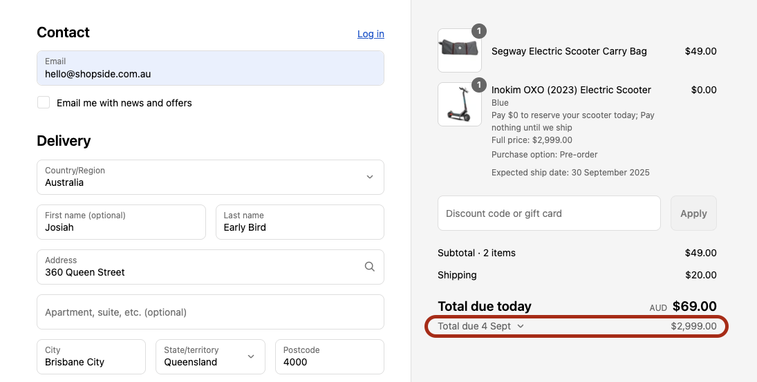 Shopify checkout page showing an electric scooter pre-order with
