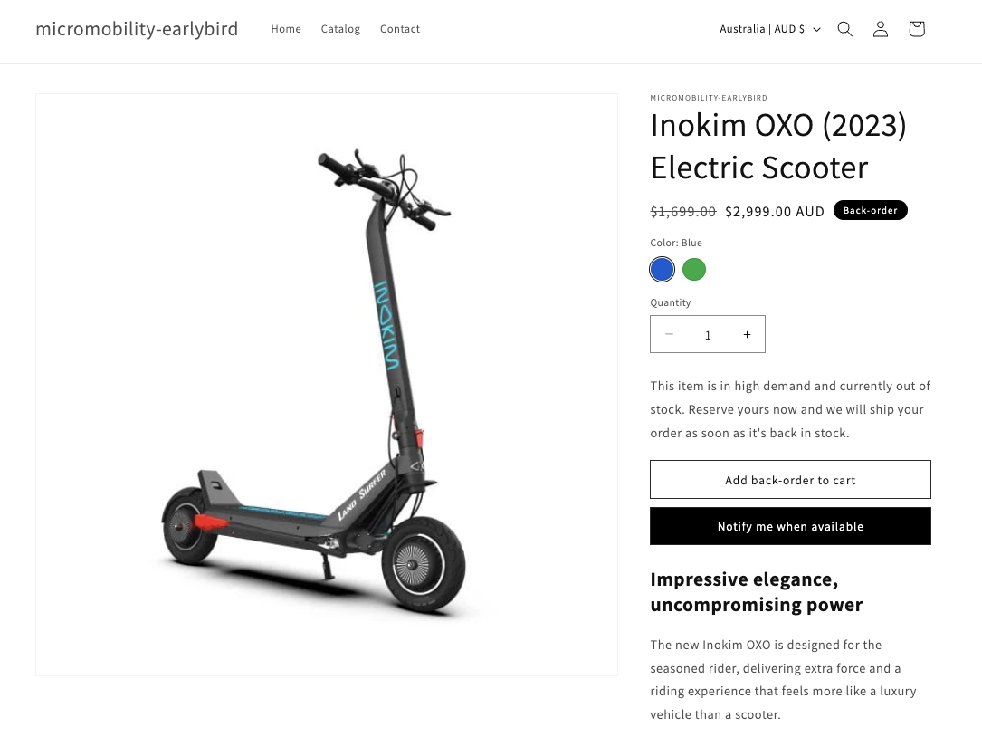 Electric scooter product page showing