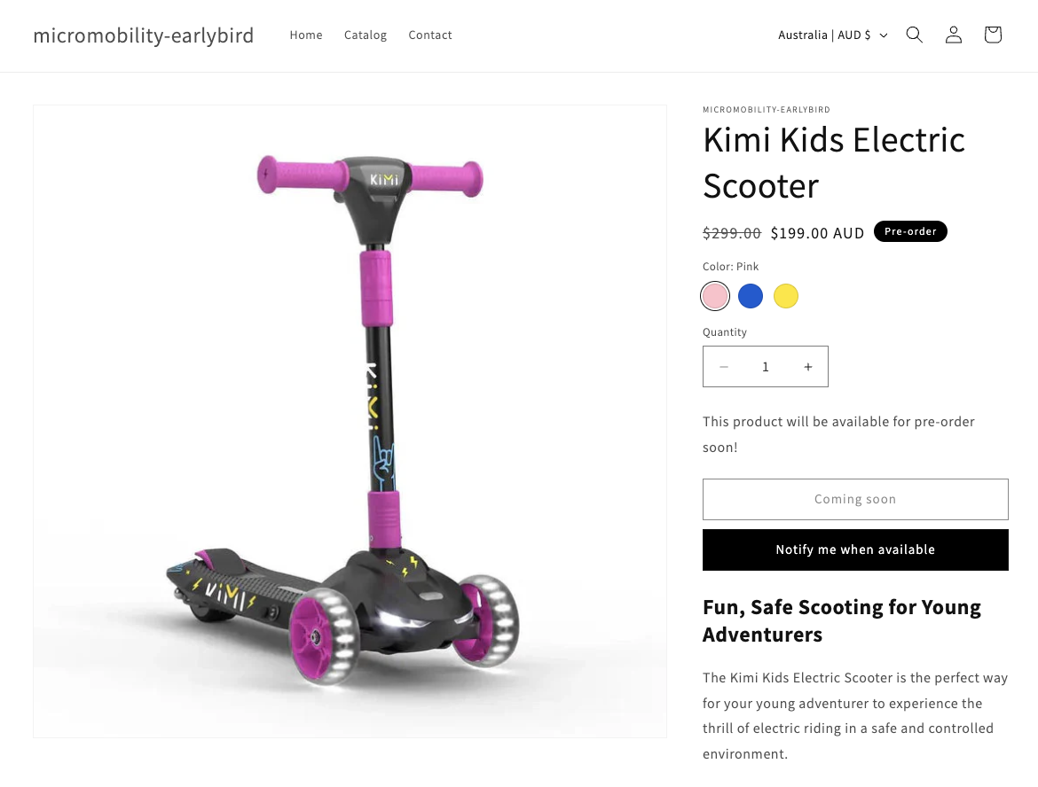 Kids electric scooter product page with