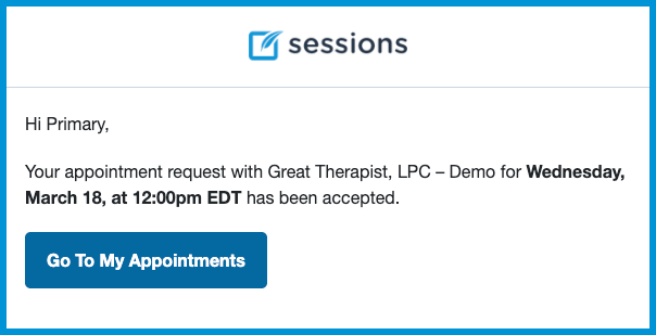 Email notification confirming that an appointment request has been accepted, with a button to view appointments.