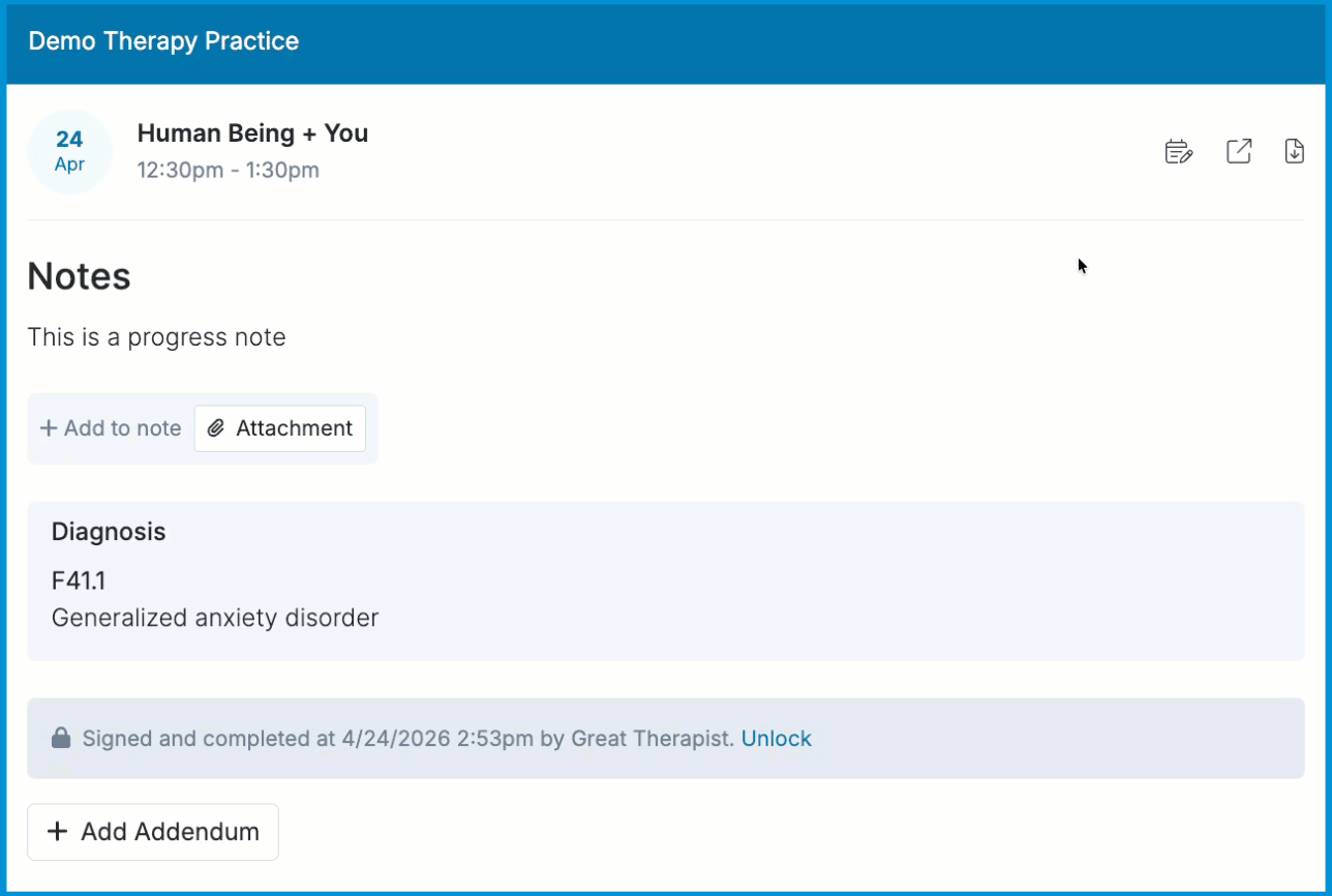 An animated GIF showing how to update a session's start and end times on a signed progress note by selecting the edit icon, entering the new times, and clicking save.