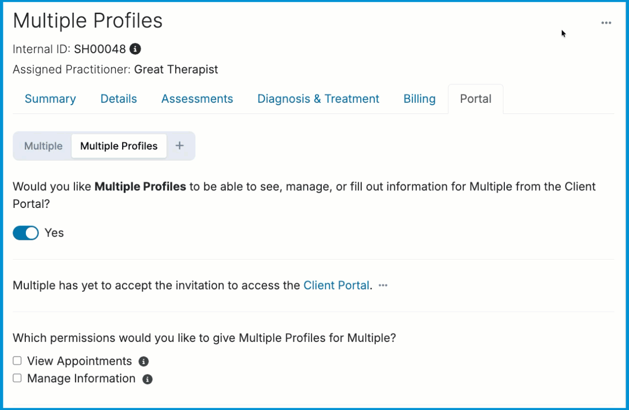 Animated GIF showing the user selecting Reassign Practitioner and changing the client's Assigned Practitioner.