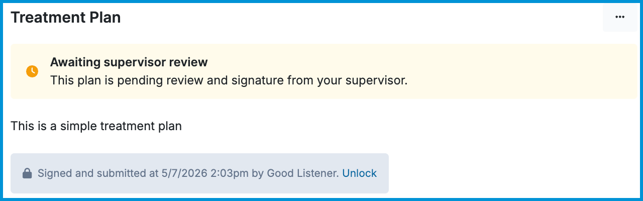 Screenshot of a treatment plan showing Awaiting supervisor review banner.