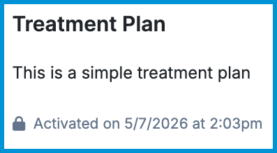 Activated treatment plan card showing description and activation timestamp.