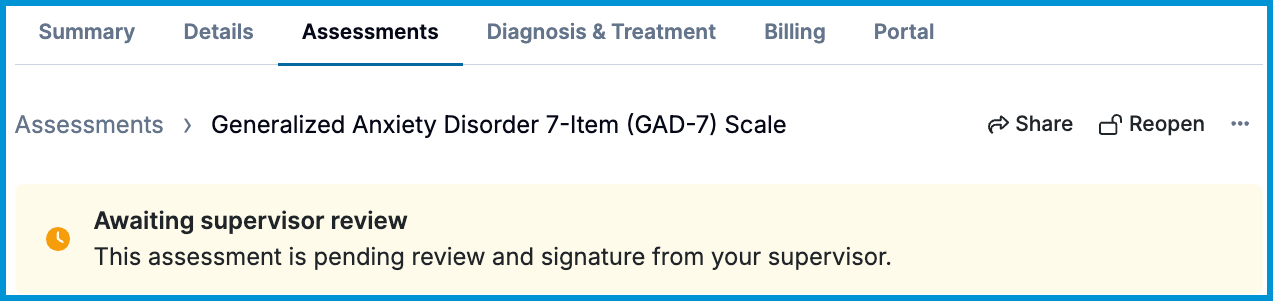 Screenshot of assessment showing Awaiting supervisor review banner.