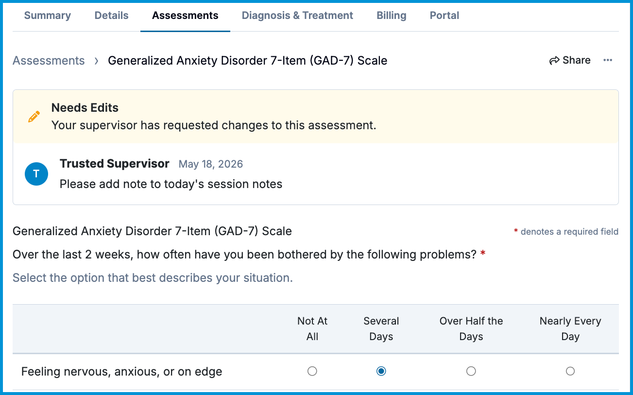 Screenshot of assessment showing Needs Edits banner and supervisor comment.