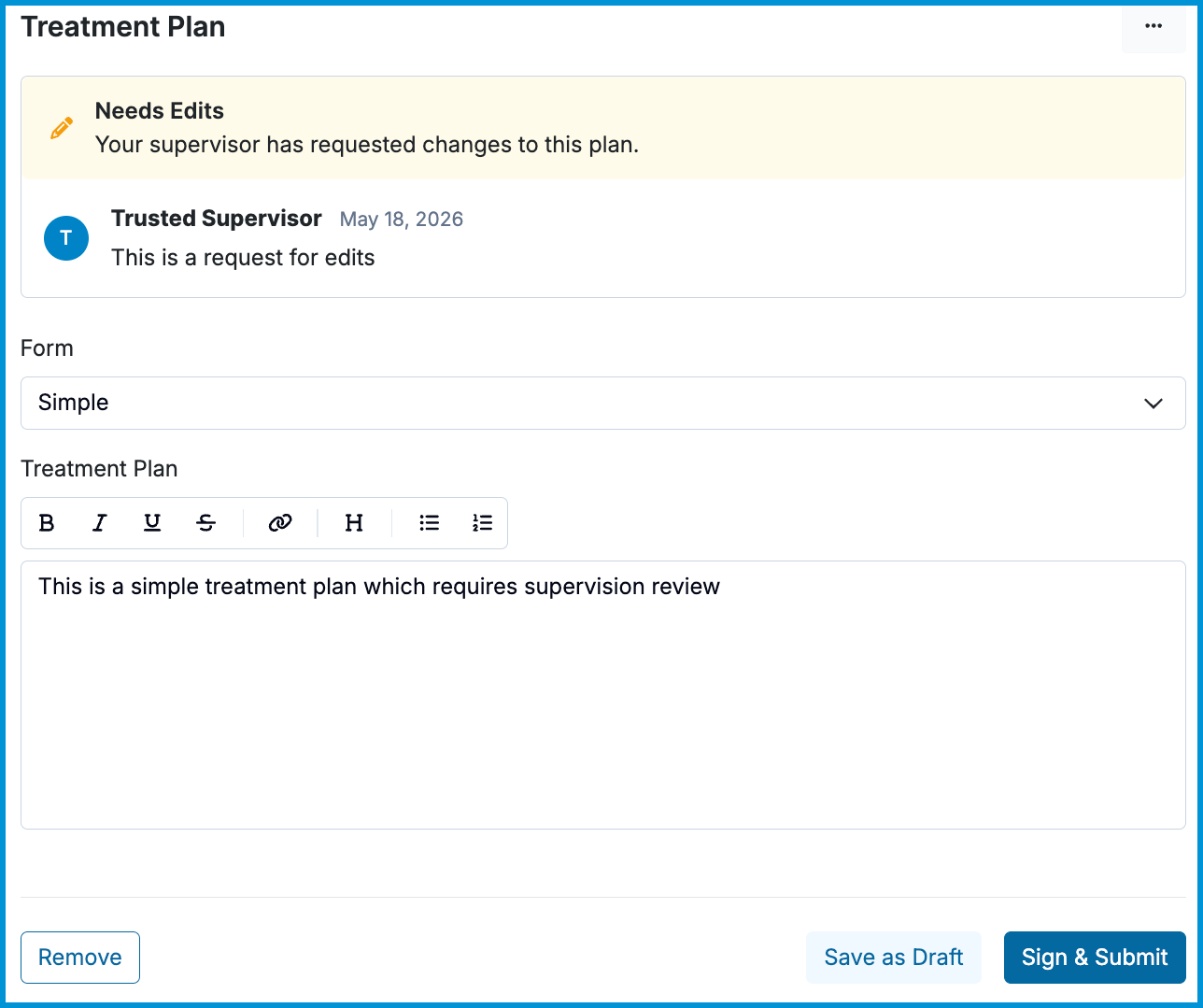 Screenshot of treatment plan showing Needs Edits banner and supervisor comment.