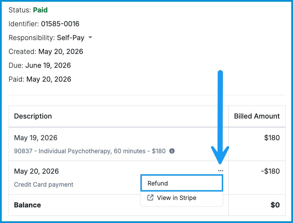 Bill view showing a payment line item with the Refund option selected.