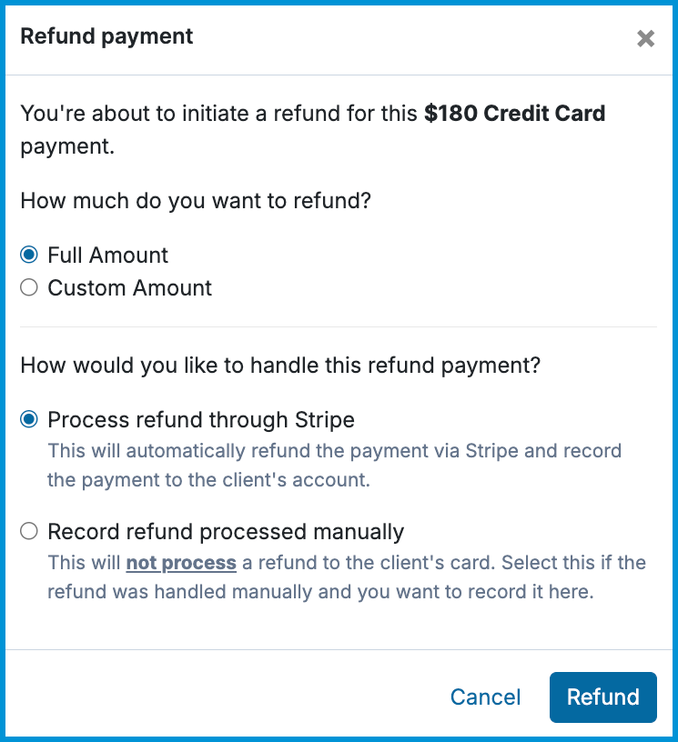 Refund payment window showing options to refund the full amount and process the refund through Stripe.