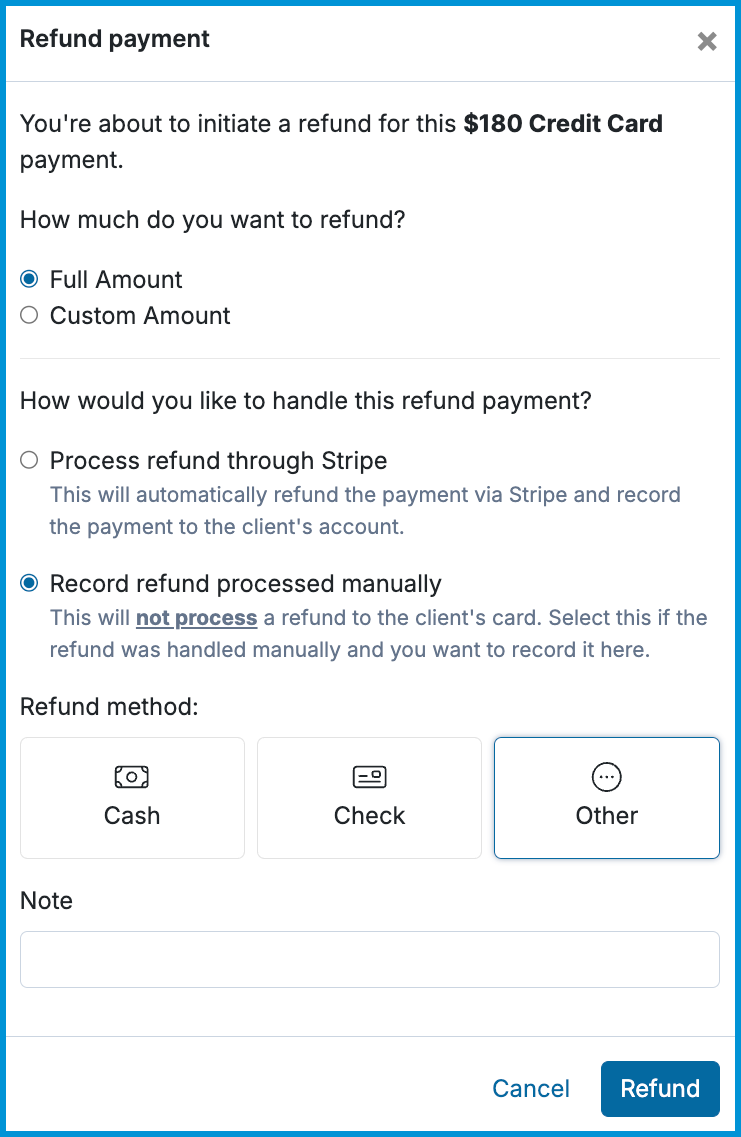 Refund payment window showing options to record a manual refund with Cash, Check, or Other.