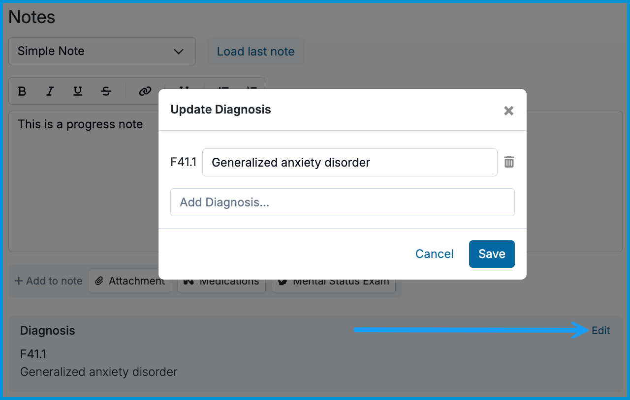 Update Diagnosis pop‑up showing editable diagnosis fields with Save and Cancel options.