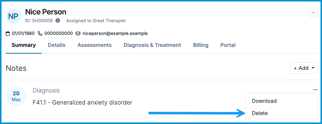 Client Summary tab showing a diagnosis entry with a menu open and an arrow pointing to the Delete option.