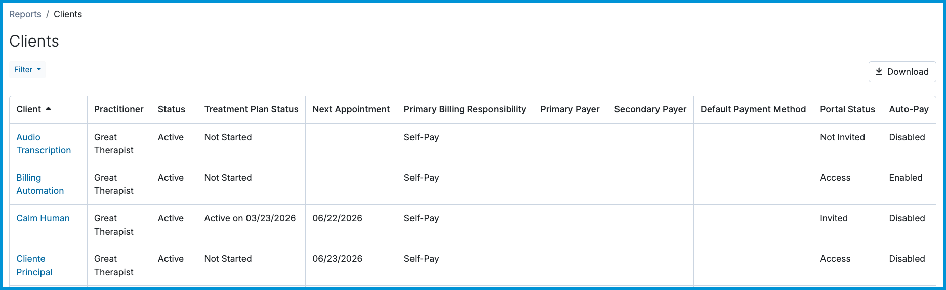 Image showing the Clients Report table.