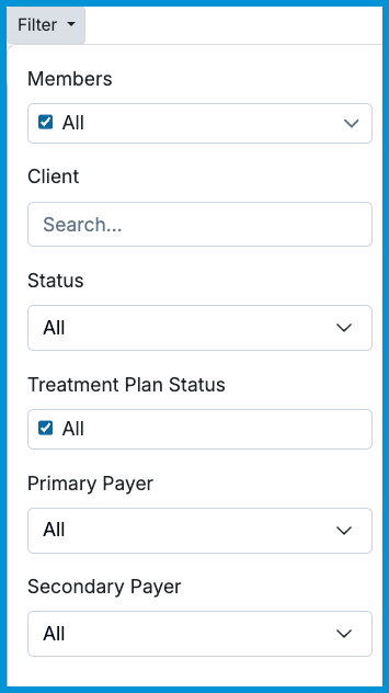 Image showing filter options for Clients Report.