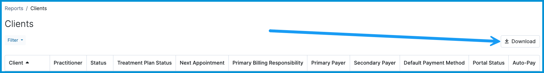 Image with an arrow pointing to the Download button at the top of the Clients Report.