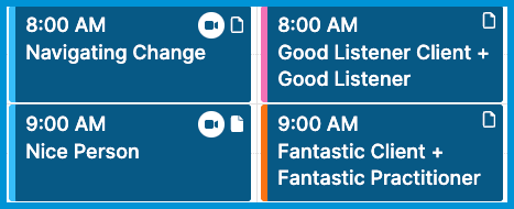 Calendar week view with appointments for multiple practitioners showing with different colored bars on the left side.