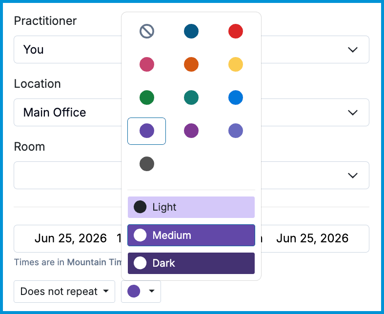 Appointment edit window with the color selection options open.